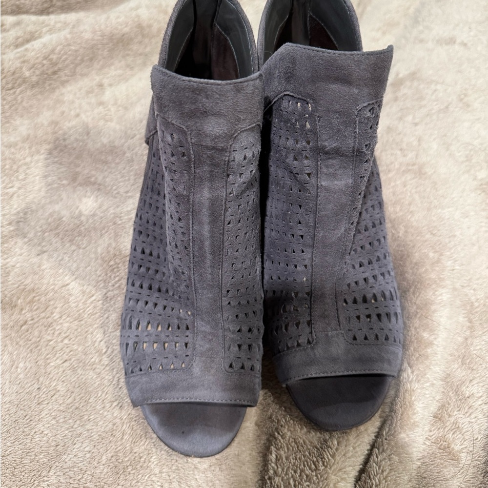 Gray Suede Peep-Toe Ankle Boots